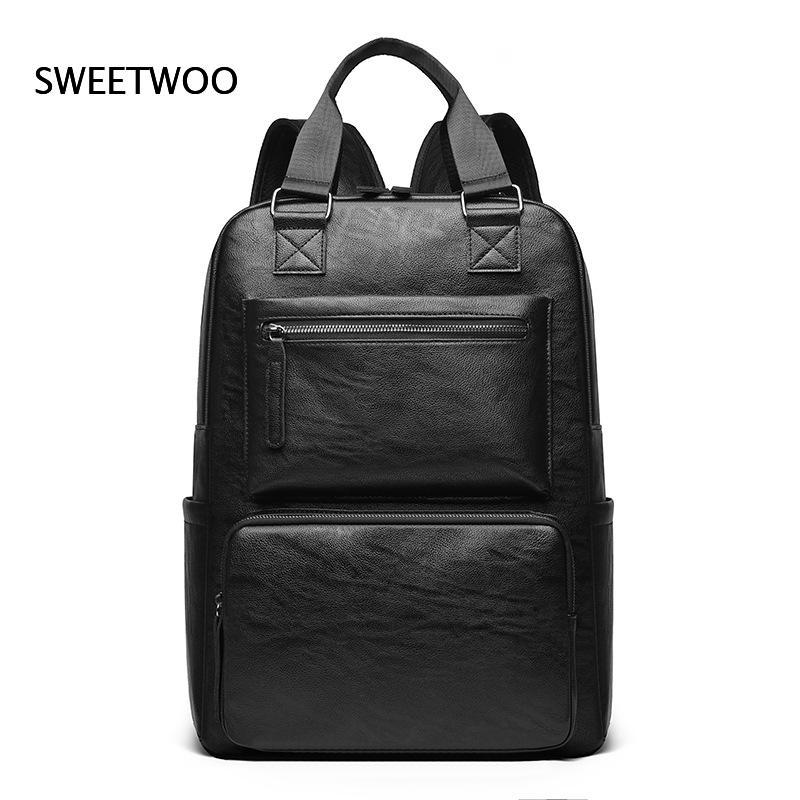 Men Faux Leather Laptop Backpa - Leather Work Rucksack Mens ulasan dan harga